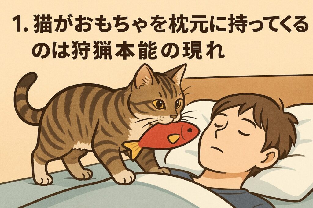 1. 猫がおもちゃを枕元に持ってくるのは狩猟本能の現れ