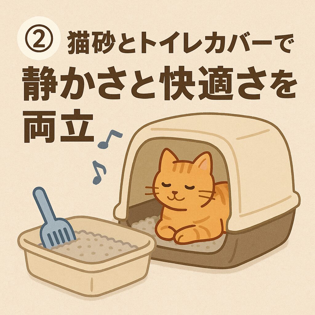 ② 猫砂とトイレカバーで静かさと快適さを両立