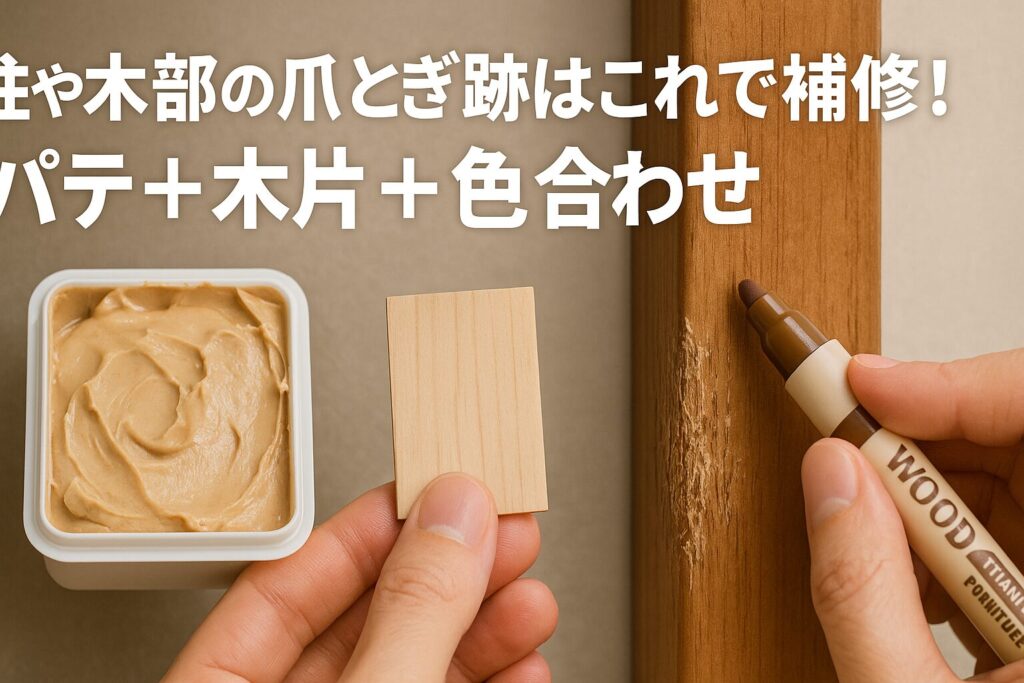 ③ 柱や木部の爪とぎ跡はこれで補修!パテ+木片+色合わせ